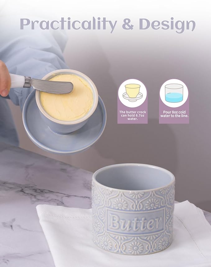 TEATALK Ceramic French Butter Crock - Vintage Relief Pattern Butter Keeper with Water Seal, 6.7oz Sky Blue Butter Dish for Fresh Spreadable Butter, Farmhouse Kitchen Decor & Gift