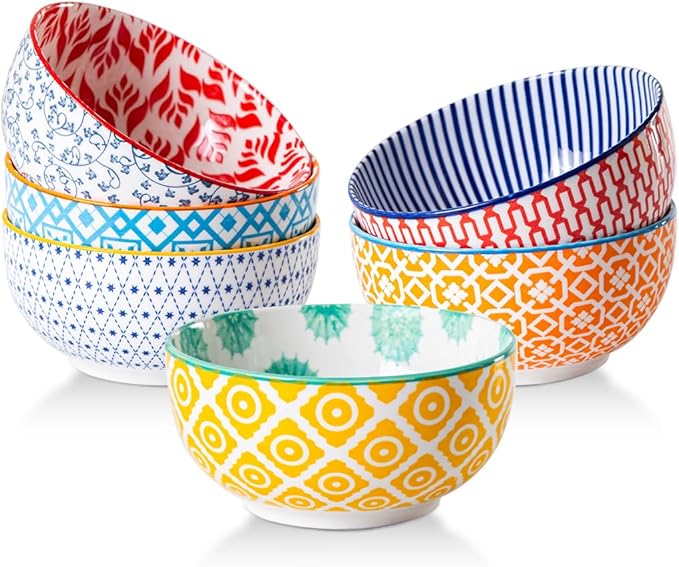 Ceramic Dessert Bowls Set - Small 11 Oz Porcelain Ice Cream Bowls for kitchen - 4.7 Inch Cereal Bowls for Salad, Fruits - Microwave Dishwasher Safe - Set of 6 - Assorted Colors