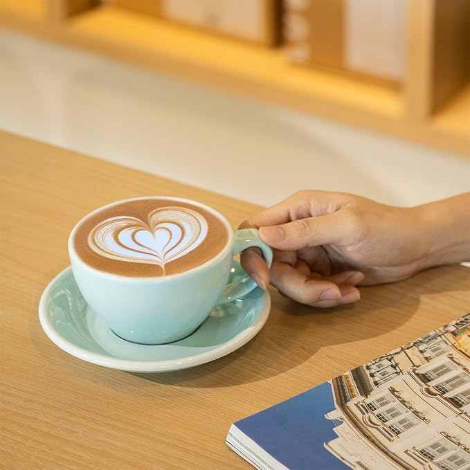 Loveramics Latte Art Mug with Saucer, 10 oz Ceramic Coffee cups with Round Bottom for Latte, Cappuccino, Tea, Espresso, Thick-walled Stoneware Cup Set for Barista - Regular Colours (River Blue, 10OZ)