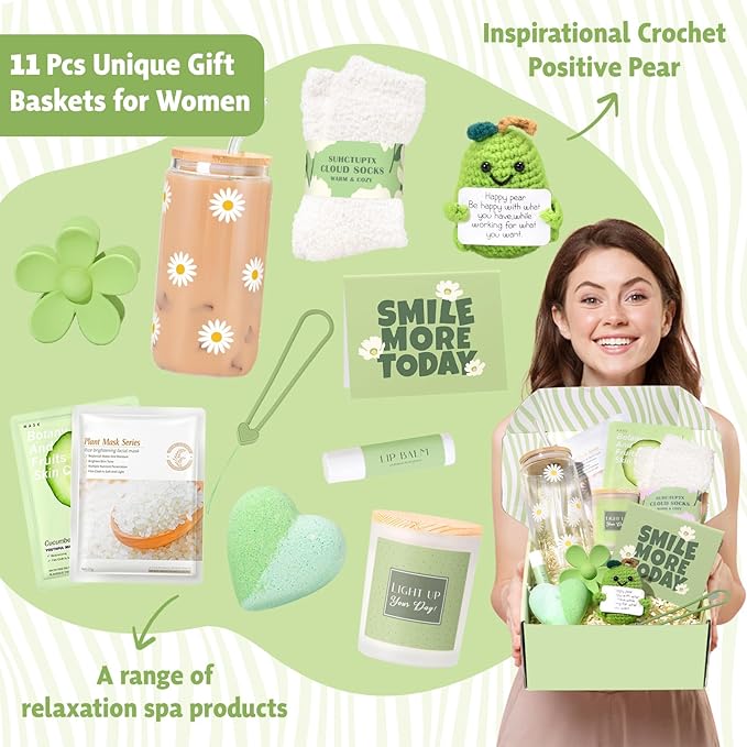Gift Baskets for Women, 11pcs Unique Happy Birthday Gifts for Women, Best Inspirational Get Well Christmas Ideas Box w/Daisy Cup Her Teen Girl Sister Friend Friendship Mom - BRIGHTEN UP HER DAY!