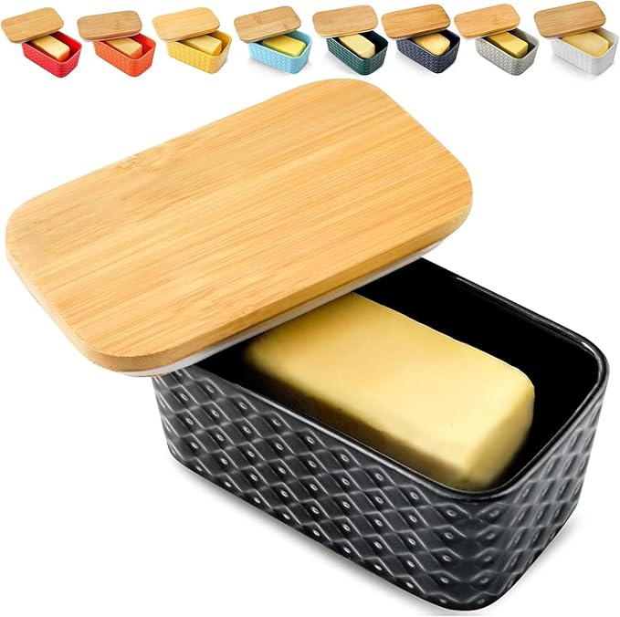 Hasense Ceramic Butter Dish with Lid, Black Large Butter Container for Countertop Airtight Butter Stick Covered Keeper, Embossed Pattern,Easy Clean Dishwasher Safe