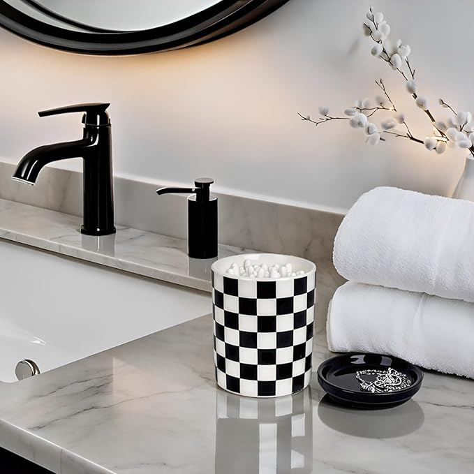Q tip Holder, Qtip Dispenser with Lid, Cotton Swab Ball Holder Container for Bathroom, Q-tip Canisters/Apothecary Jar for Countertop Organizer, Modern Checkered Bathrooms Decor,Black and White Ceramic