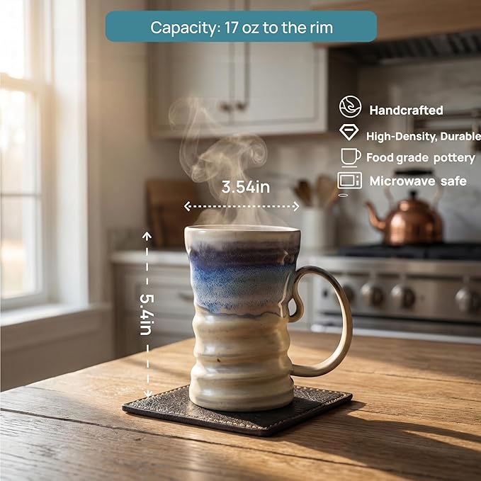 17oz Large Unique Cool Tall Handmade Ceramic Coffee Mug with Comfortable Big handle, Big Pottery Tea Mug, Artisanal Stoneware Coffee cup, Rustic Lead-free Tea Cups, Microwave safe Coffee Cup