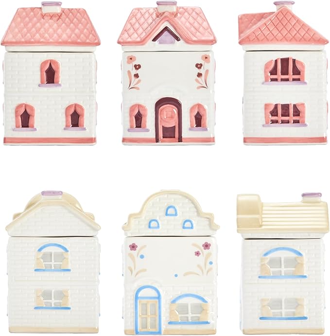 Bico Spice Cottages Pink and White 4 oz Ceramic Spice Jar Set of 2 with Labels, Hand-Painted, Airtight Kitchen Spice Container Organizer