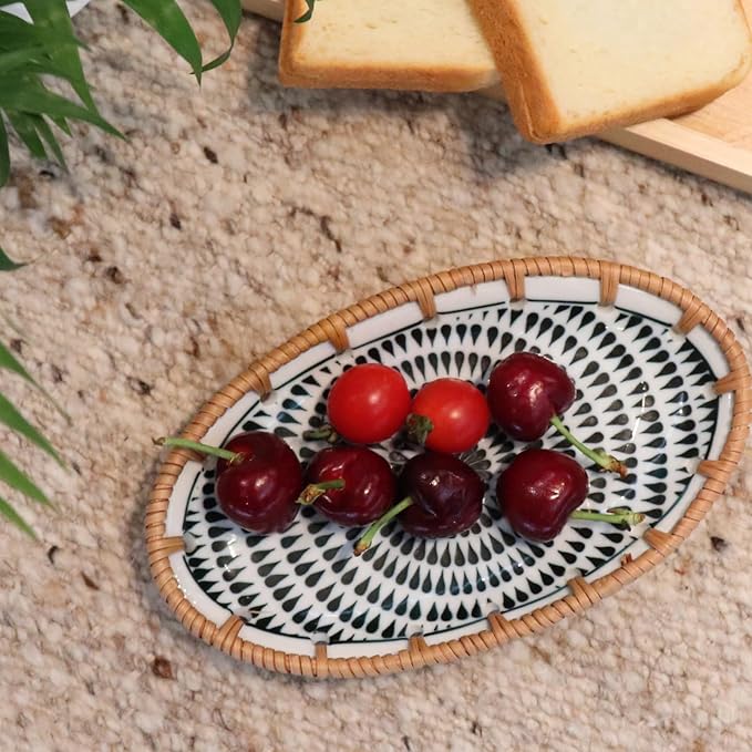 Rattan Ceramic Tray, Oval Fruit/Bread/Cookie/Jewelry Small Storage Porcelain Serving Plate, Vintage Decorative Display Plate for Coffee Table Home Decor Wedding Party Gift (Black Water Drop)
