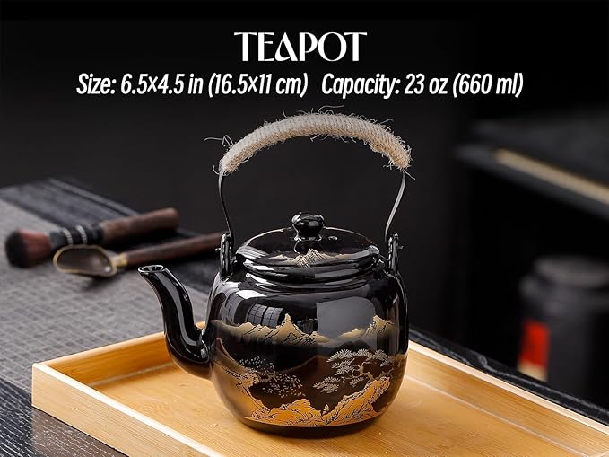 Traditional Japanese tea set, Japanese teapot set, Asian Black glazed tea set with 1 Teapot, 6 Tea cups, 1 Tea strainer, 1 Tea tray (Landscape Black)