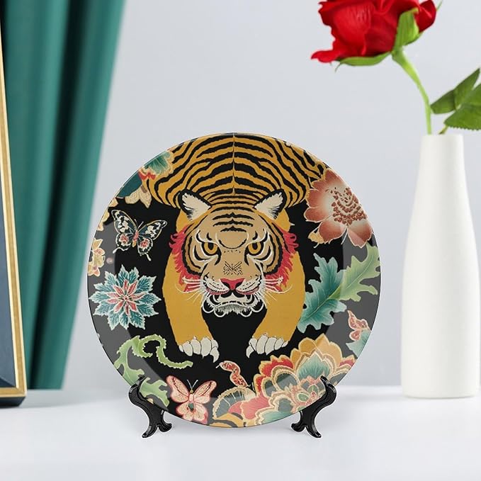 Animal Tiger Stripe Colorful Decorative Plate, Chinoiserie Tiger Custom Ceramic Ornaments Dessert Plates for Home Art Decoration Club Decor, Unique Art with Stand Art Decorations for Display Table