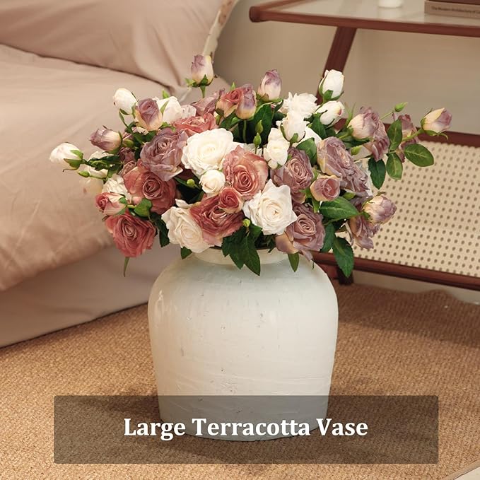 Large Ceramic Vase, 11" Rustic Farmhouse Terracotta Vase for Home Decor, Artisan Decorative Flower Vase for Living Room, Table Centerpiece, Bedroom (Rustic White)