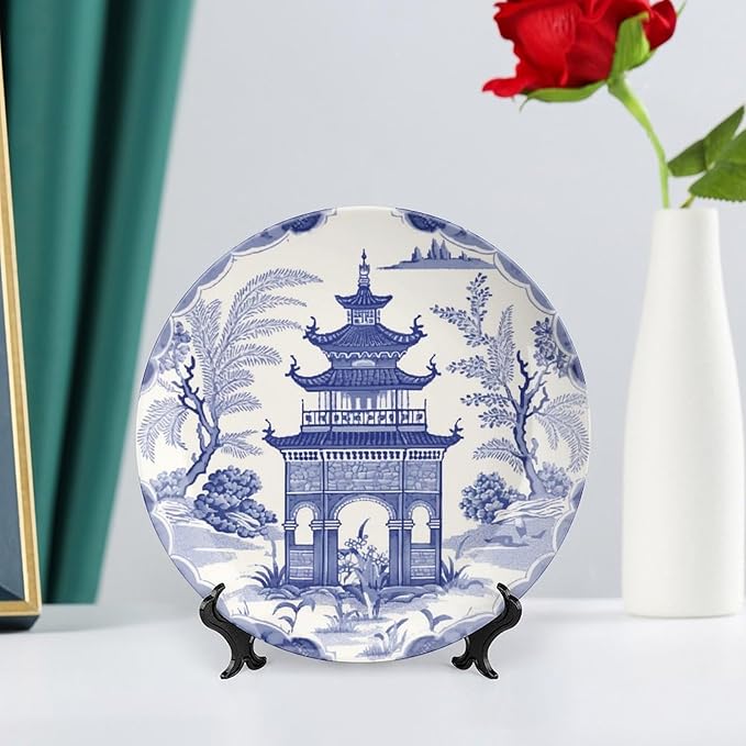 Chinoiserie Blue Asian Pagoda Plates Ceramic of 6", 7", 9", 10", Custom Ceramic Dinner Plates, Farmhouse Table Decorations Display, with Display Stand And Hook Up