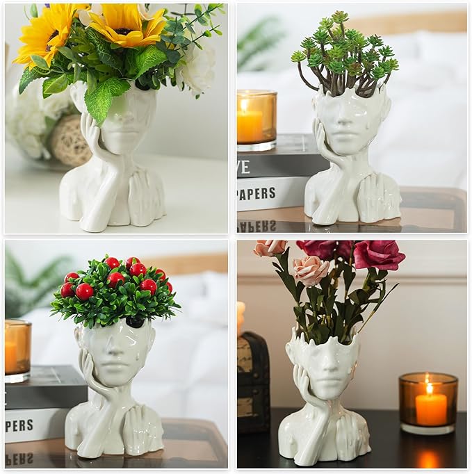 Face Planters Pots Head Planter, Succulent Planters for Indoor Outdoor Plants, Boho Lady Face Flower Pots with Drainage Hole, White Ceramic pots for Plants, Large Plant Pots Gift