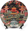 Chinoiserie Charcoal Coral Pagoda Asian Decorative Plate of 6", 7", 9", 10", Custom Oriental Chinoiserie Porcelain Dessert Plate Set, Club Housewarming Gifts Decorations Table, with 1 Display Stand