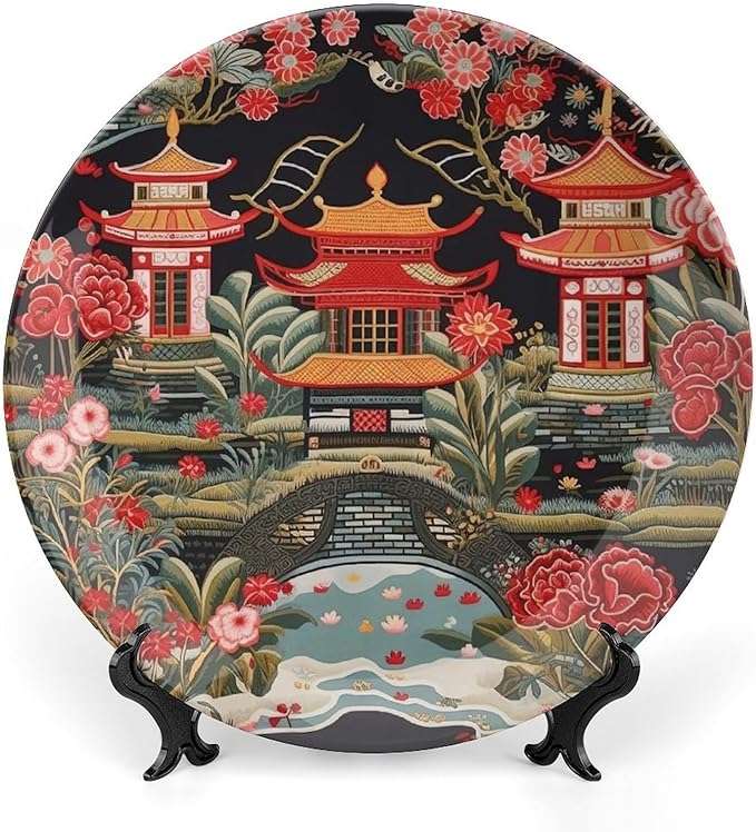 Chinoiserie Charcoal Coral Pagoda Asian Decorative Plate of 6", 7", 9", 10", Custom Oriental Chinoiserie Porcelain Dessert Plate Set, Club Housewarming Gifts Decorations Table, with 1 Display Stand