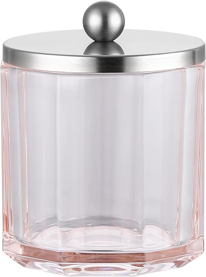 Blush Translucent Apothecary Octagional Shaped Glass Canister Jar With Metal Lid Cover for Bathroom Organization, Cotton Balls, Q Tips, and Small Accessories, Bathroom Storage