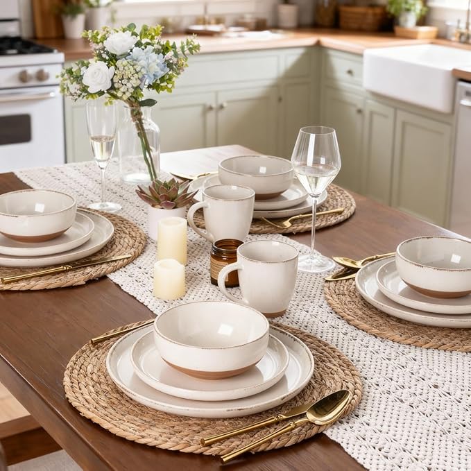 AmorArc 18 Pieces Ceramic Dinnerware Sets for 6, Handpainted Stoneware Plates and Bowls Set with Rustic Terracotta Underside, Scratch Resistant Dishes Set, Dishwasher & Microwave Safe