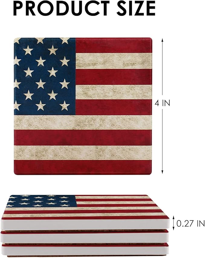 wonlex Ceramic Coasters Absorbent for Drinks, Patriotic Coaster with Cork Base for Coffee Table, Housewarming Gift for Women and Men, Home Decor, 4 Pack (USA Flag)