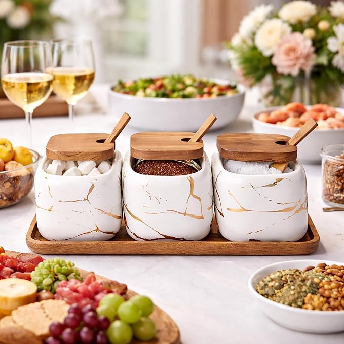 Ceramic Spice Jars Porcelain Condiment Jars Set Marble Ceramic Seasoning Box 3pcs Condiment Pots for salt, sugar, pepper Kitchen Seasoning Condiment Jar Set