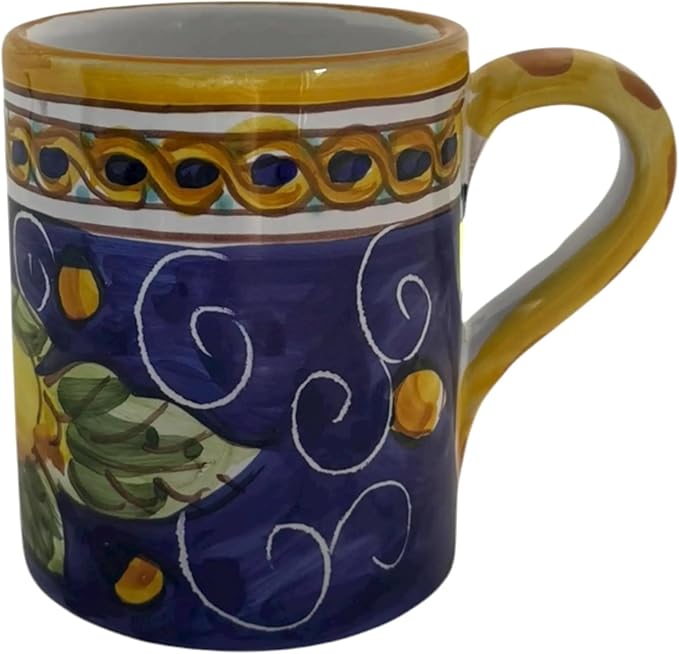 Hand Painted Ceramic Lemon Mug, 8 oz | Italian Style Coffee Cup with Blue Background | Dishwasher Safe, Artisan Ceramic