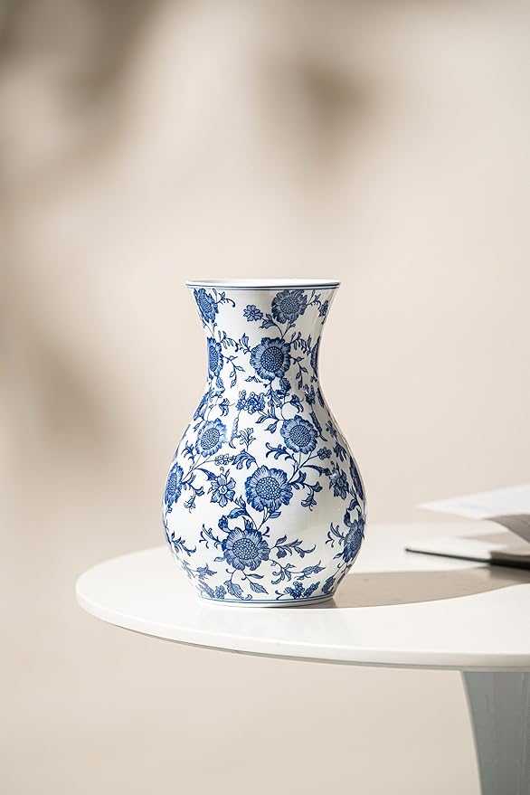 Blue and White Vase, Blue Sunflower Pattern Vase, Chinoiserie Vase, Blue and White Ginger Jar Vase for Home Decor,Flower Vase, Blue and White Porcelain Décor,11" H