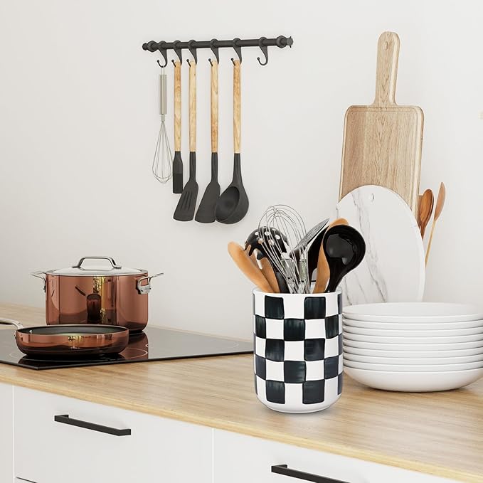 JarThenaAMCS Checkered Ceramic Utensil Holder Watercolor Black White Plaid Utensil Crock for Home Kitchen Countertop Storage Organizer, Set of 2