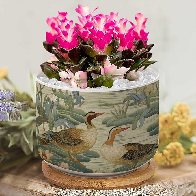 Set of 2 Green Water Lily Chinoiserie Flower Small Pot for Flowers and Duck Garden Ceramics Planters for Indoor Plants Chinoiserie Chic Succulent Planters for Indoor