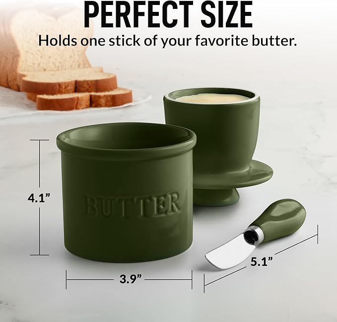 Zulay Kitchen Bell Shaped Butter Crock with Lid for Countertop with Water Line & Spreader Knife, Ceramic French Butter Dish Keeper For Fresh, Soft & Spreadable Butter - Jade