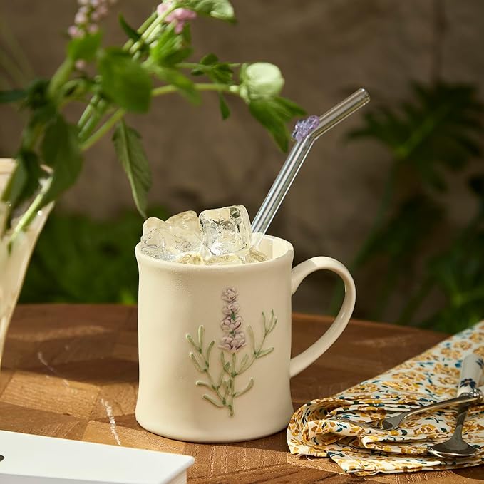 Artisanal Handcrafted Ceramic Mug with Sage Botanical Design - 10oz Off-White Stoneware Coffee Cup, Elegant Purple Sage Pattern, Dishwasher Safe, Comfort Grip Handle for Daily Use
