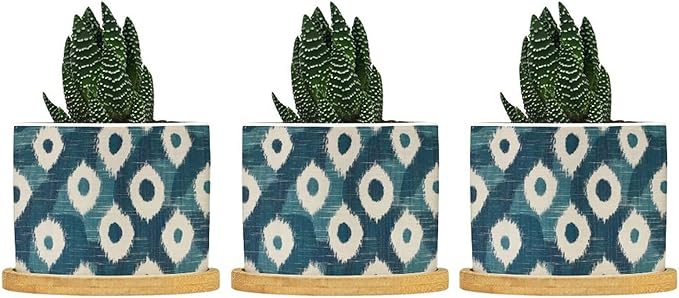 Blue and Ikat Bukhara Planter Ceramic Antique Ikat in Teal Round Plant Pots with Drainage Holes and Bamboo Tray Pot for Home Office Decoration