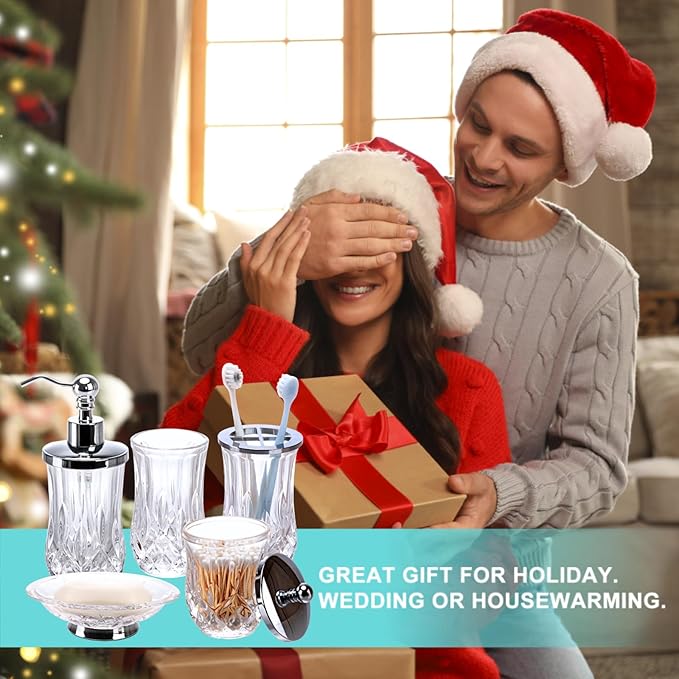 Bathroom Accessories Set,5 Pcs Clear Glass Bathroom Accessory Set,Complete Lotion Soap Dispenser,Toothbrush Holder,Soap Dish,Tumbler & Jar,Modern Bathroom Decor Sets Gift,Round