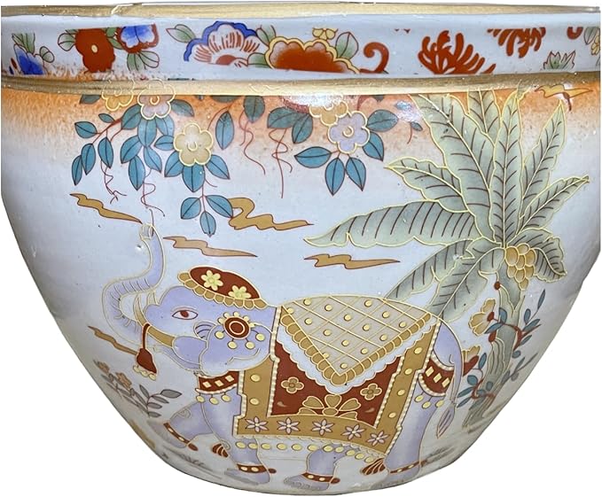 Generic 8"" Diamter Oriental Satsuma Style Elephant with Palm Trees Themed Fish Bowl Jardiniere Planter Plant Pot