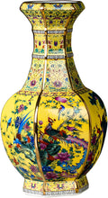10 Inch Ceramic Vase - Chinese Cloisonné Antique Vase for Home Decor, Yellow Background with Phoenix & Peony Patterns, Gift for Women