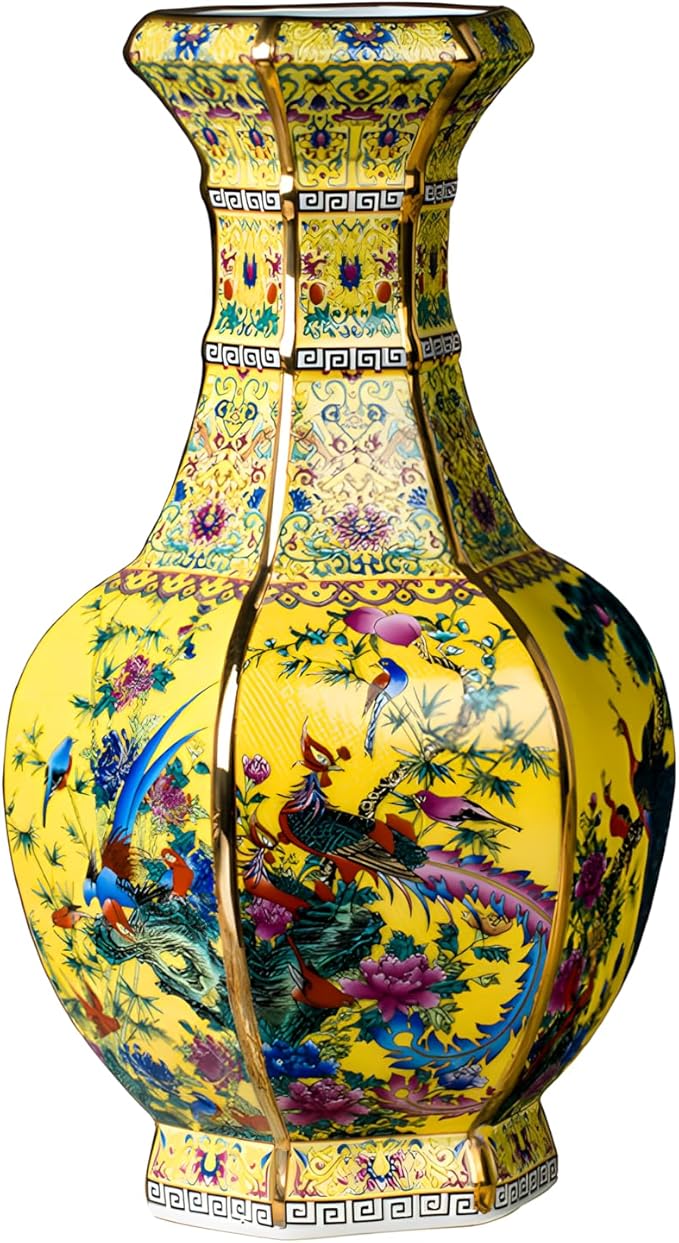 10 Inch Ceramic Vase - Chinese Cloisonné Antique Vase for Home Decor, Yellow Background with Phoenix & Peony Patterns, Gift for Women