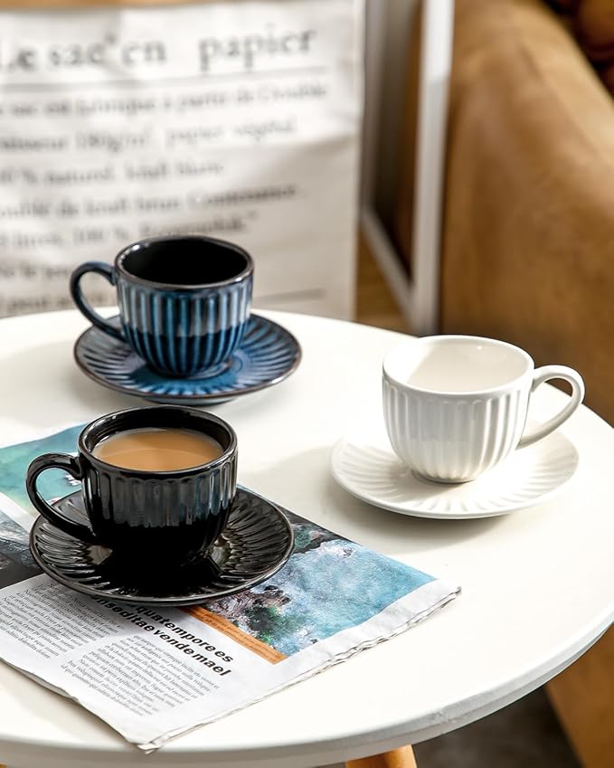 Hasense 4 Oz Espresso Cups with Saucers Set of 4, Ribbed Cappuccino Cups Ceramic for Coffee,Espresso,Double shot,Latte and Macchiato, Demitasse Cups Set Aesthetic Gift, Black