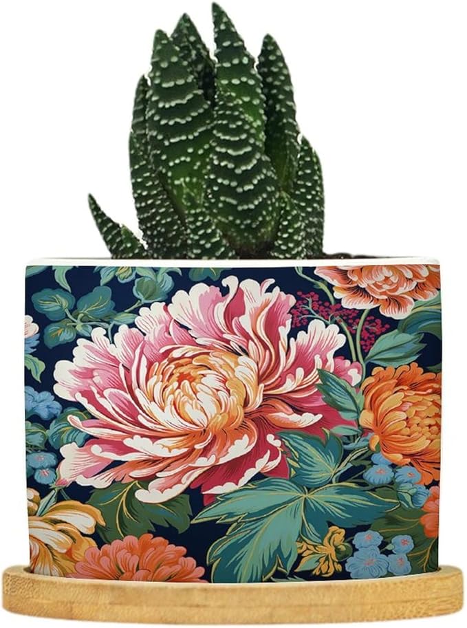 Bright and Chinoiserie Ceramic Planter Coral Peony Floral Snake Plant Live Indoor with Pot with Drainage Holes and Saucers Pot for Pots Outdoor Indoor Plants