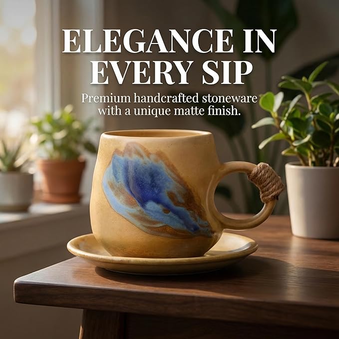 8oz Small Vintage Japanese Style Handmade Ceramic Tea Cup with Saucer , Lead-Free Cappuccino Mug, Artisanal Coffee Mug with saucer set,Handcrafted mug with handle, For Espresso, Latte(1, Light brown)