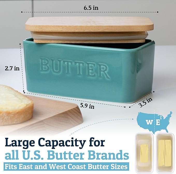 PriorityChef Extra Large Butter Dish with Lid for Countertop, Ceramic Butter Container With Airtight Cover, Butter Keeper for Counter or Fridge, Butter Holder Storage, Turquoise