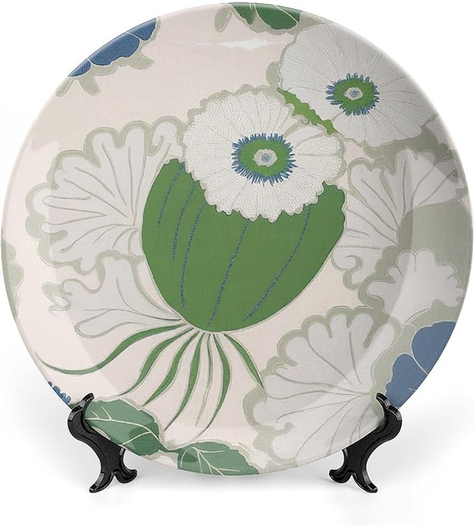 Chinoiserie Floral Green Plant Decorative Plate, Flowers Fruit White Leaves Customize Bone China Decorative Plate for Office Home Club Decor, Unique Art with Stand Art Decor for Festival