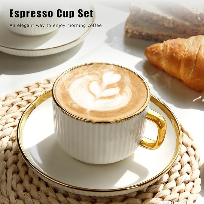 Cappuccino Cups Set of 4, 7oz Espresso Cups Set with Saucers and Spoons, Gold Trim Ceramic Coffee Tea Cups for Latte, Mocha, Au Lait, Dishwasher & Microwave Safe, Art Deco (Gold Striped/200ml)