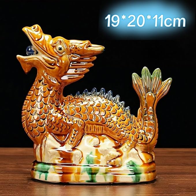 Handmade Ceramic Animal Statue Ceramic Zodiac Dragon Sculpture Asian Feng Shui Ornaments Symbolize Power and Nobility Tri-Color Yellow