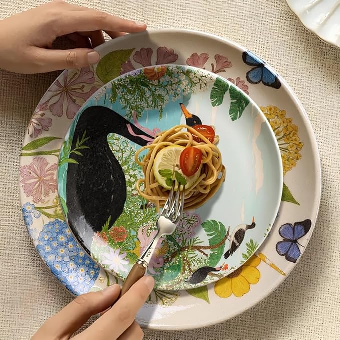 4 Piece Ceramic Plates Set, 8.5Inch Dessert & Salad,Appetizer Plates，Illustrated style Prints, Suitable for Serving Pasta, Pizza. Dishwasher, MicrowaveSafe.gift for birthdays and holidays(8.5inch)