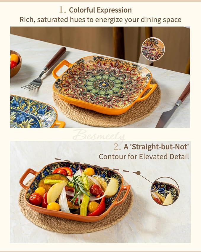Besmeety Square Pasta Bowls with Handle, Boho Salad Serving Bowls Set of 2, Ceramic 7.09" Pasta Plates for Housewarming Present, Party (Yellow+Orange1)
