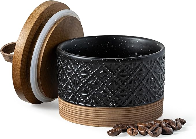 Mini Ceramic Jars with Airtight Lid, Coffee Container Canister Kitchen Food Storage Jar with Lid for Spice Sugar Tea Bag, Stackable Decorative Jars for Countertop, Pantry, Black & 5 fl.oz