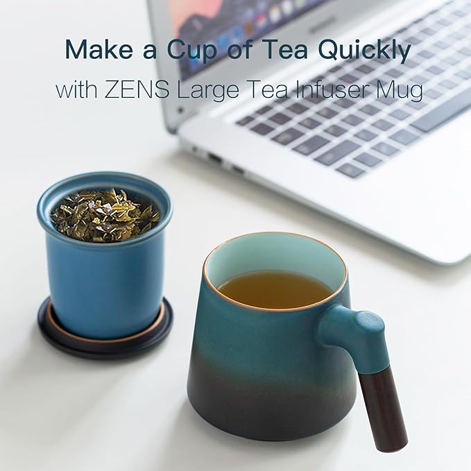 ZENS Tea Cup with Infuser and Lid for Loose Leaf Tea Steeper, 12oz Gradient Blue Tea Mug with Fine Strainers, Wood Handle Tea Mugs for Hot Diffusers Accessories for Tea Lovers Gifts