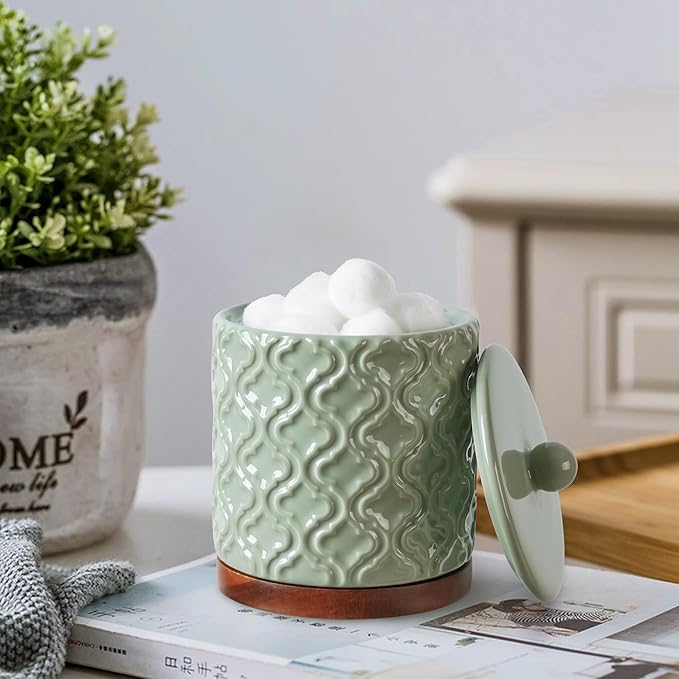 Elegant 5 PCS Ceramic&Wood Bathroom Accessories Set:Soap Dispenser,Toothbrush Holder,Tumbler,Soap Dish,Cotton Swab Jar,Easy to Clean,Quatrefoil Pattern,Green-Affordable Home Luxury