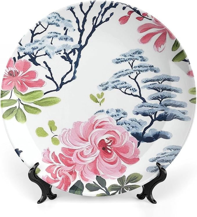 Chinoiserie Asian Floral Ceramic Decorative Plate for Display Pink Flowers in White Festival Wedding Supplies Wall Household Holiday Party Decorations Customize Gifts for Men Women Wedding