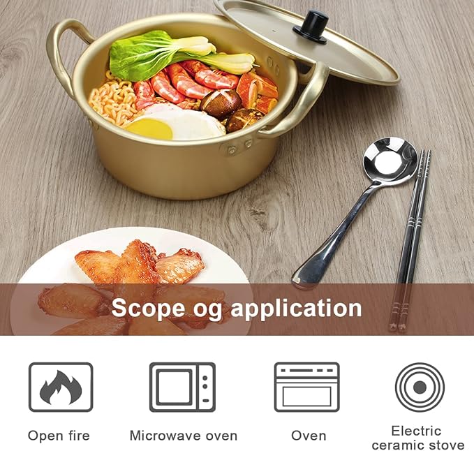 Korean Ramen Cooking Pot, AHIER Korean Ramen Noodle Pot With Lid, Spoon and Chopsticks (1pair), Fast Heating for Kitchen Cookware (Double handle) (6.3in)