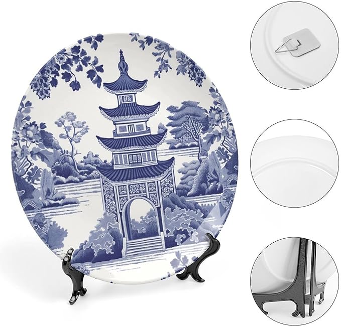 Chinoiserie Blue Asian Pagoda Decorative Plate of 6", 7", 9", 10", Custom Hanging Decorative Tiles, Club Table Decorations Office, with Vertical Stand