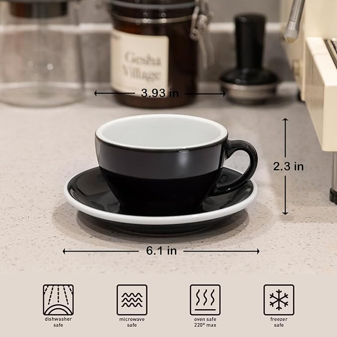 Loveramics Cappuccino Cup with Saucer, 8 oz Ceramic Coffee cup with Round Bottom for Cappuccino, Latte, Tea, Espresso, Thick-walled Stoneware Cup Set for Barista - Regular Colours (Black, 8OZ)