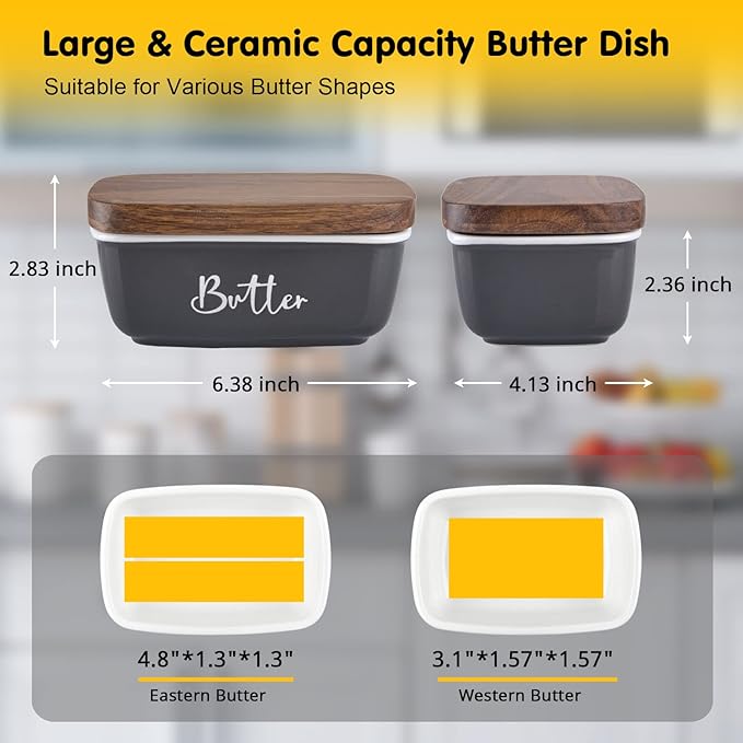 Gray Butter Dish, ALELION Large Ceramic Butter Dish with Lid for Countertop, Butter Container with Acacia Wooden Lid, Modern Country Kitchen Decor and Accessories for Counter, for Kitchen Gifts