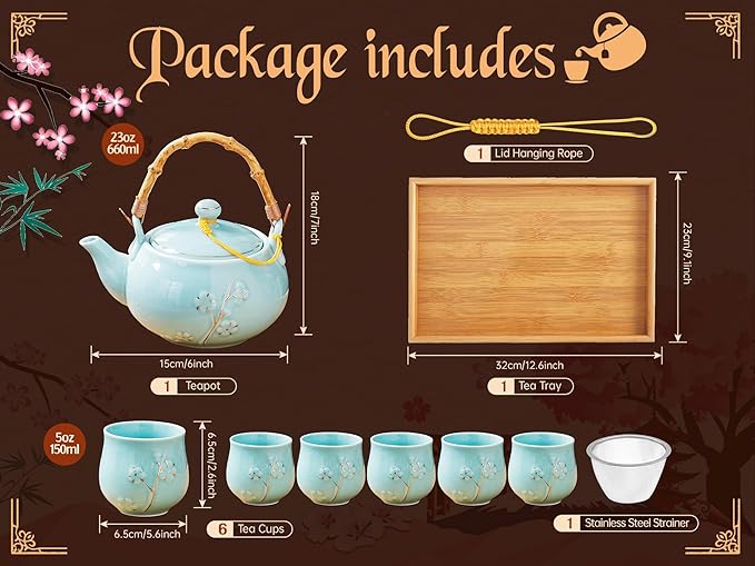 Japanese Tea Set with 1 Teapot(23 oz/660ml), 6 Tea cups(5.3 oz/150ml), 1 Tea Tray, 1 Stainless Infuser, Golden plum blossom relief,Chinese gungFu tea set (Golden plum-Blue)