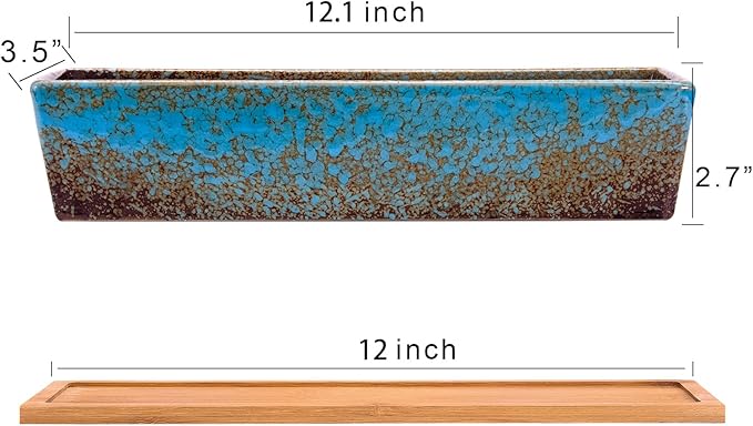 Succulent Pots - 12.1 Inch Large Succulent Planters Pots with Drainage Tray, Long Rectangle Ceramic Pot for Indoor Cactus/Succulent Plants Shallow Bonsai Window Box for Home Garden Decor (Blue)